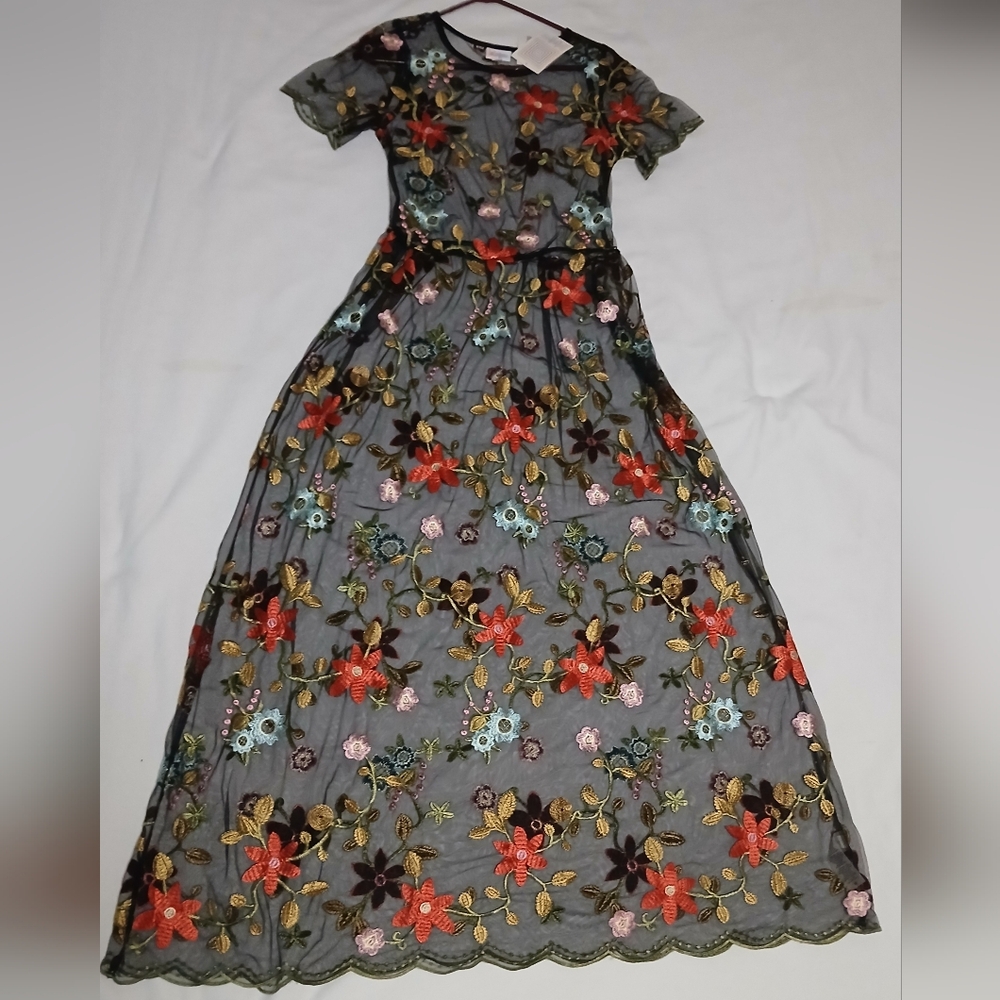 LuLaRoe Black Dress with Colorful Floral Embroidery
